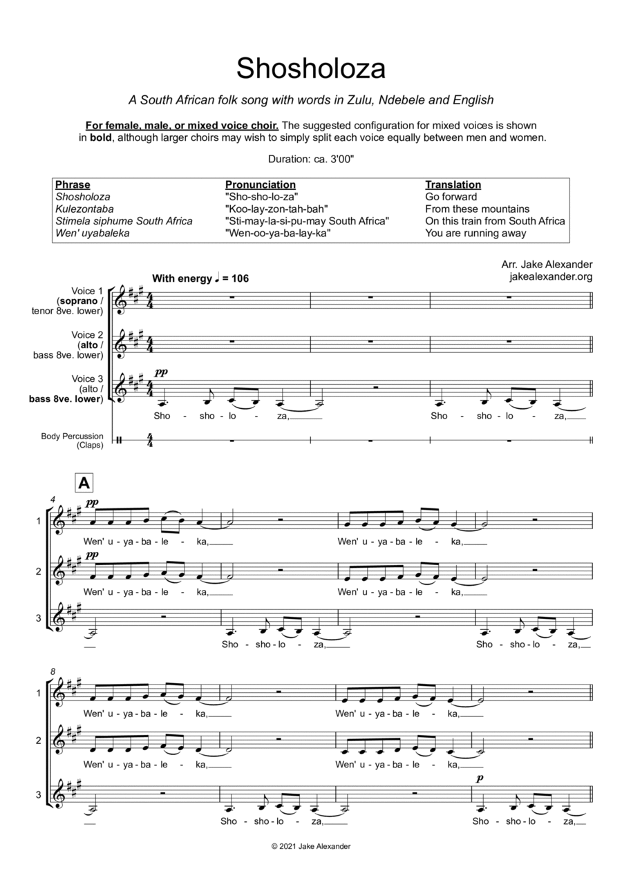 Shosholoza - SAA/TBB/SAB Shosholoza - SAA/TBB/SAB 3-Part scores gallery preview page 1