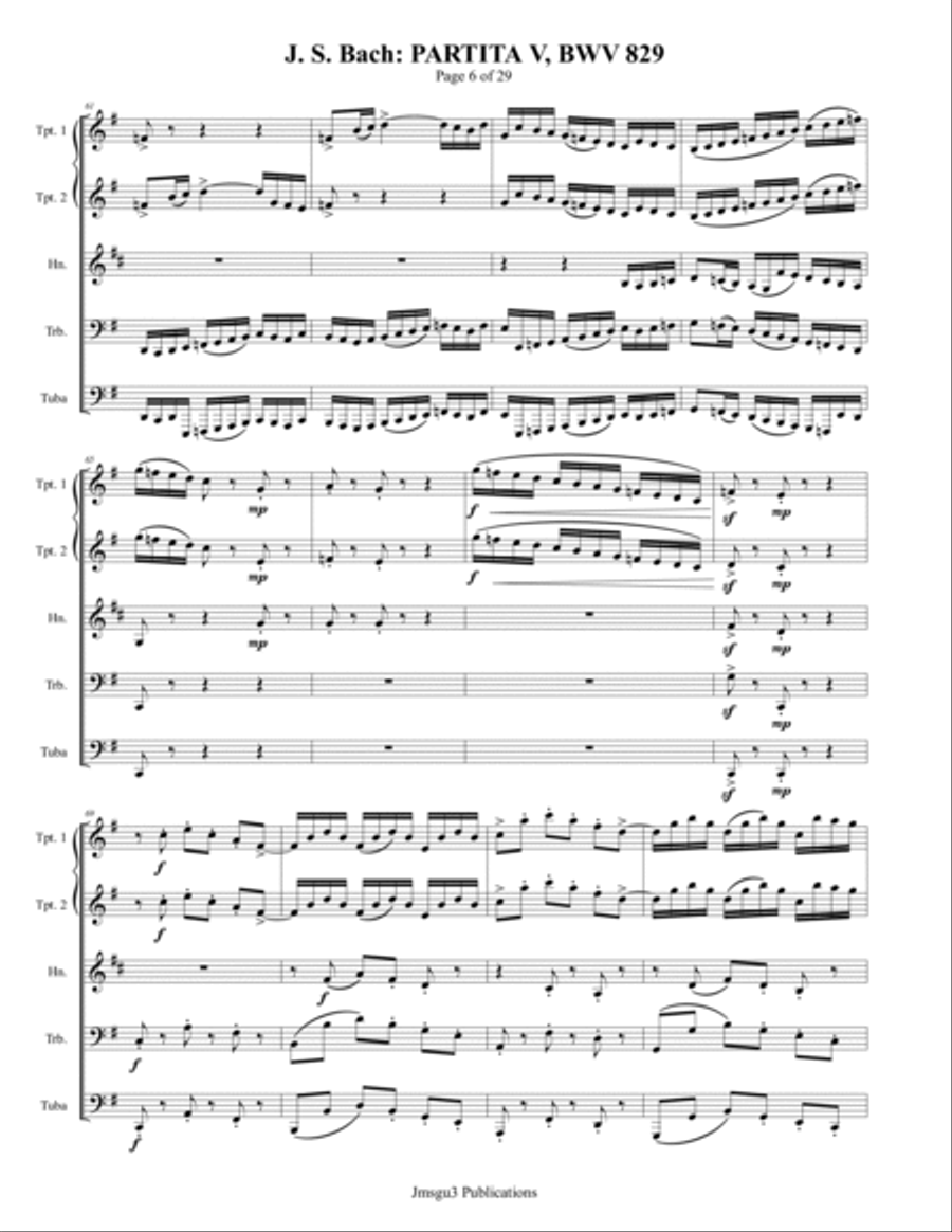 BACH: Partita No. 5 BWV 829 for Brass Quintet Brass Quintet scores gallery preview page 6