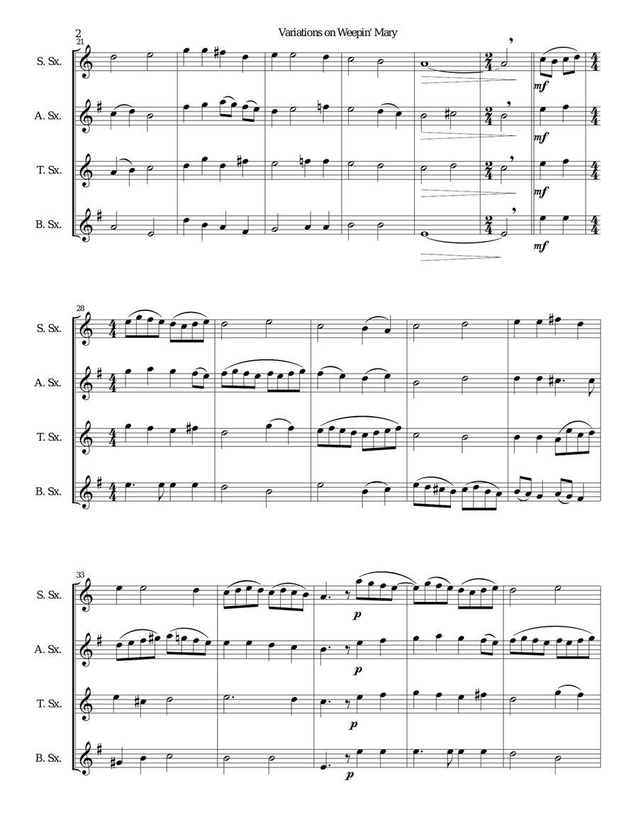 Variations on Weepin' Mary for saxophone quartet Saxophone Quartet scores gallery preview page 2