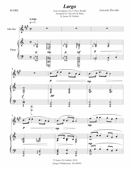 Dvořák: Largo from the New World Symphony for Alto Sax & Piano image number null