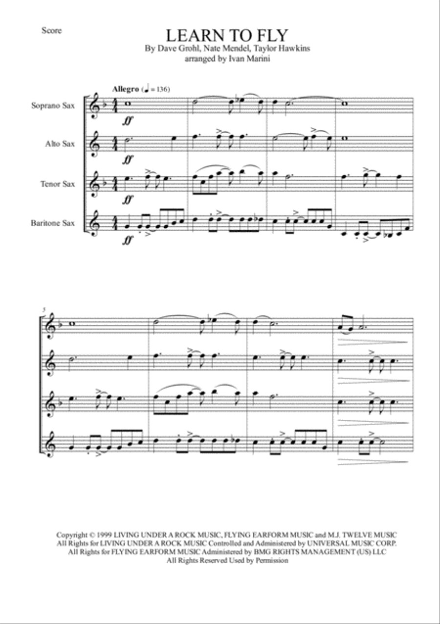 Learn To Fly Saxophone Quartet scores gallery preview page 2
