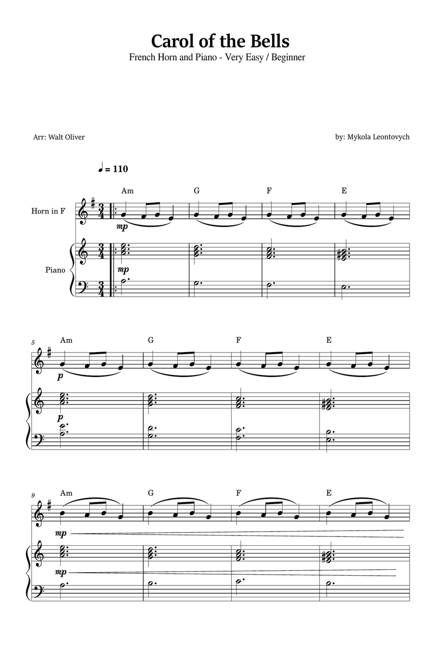 Carol of the Bells for French Horn and Piano (Very Easy - Beginner) in A minor - With Chords Piano scores gallery preview page 1