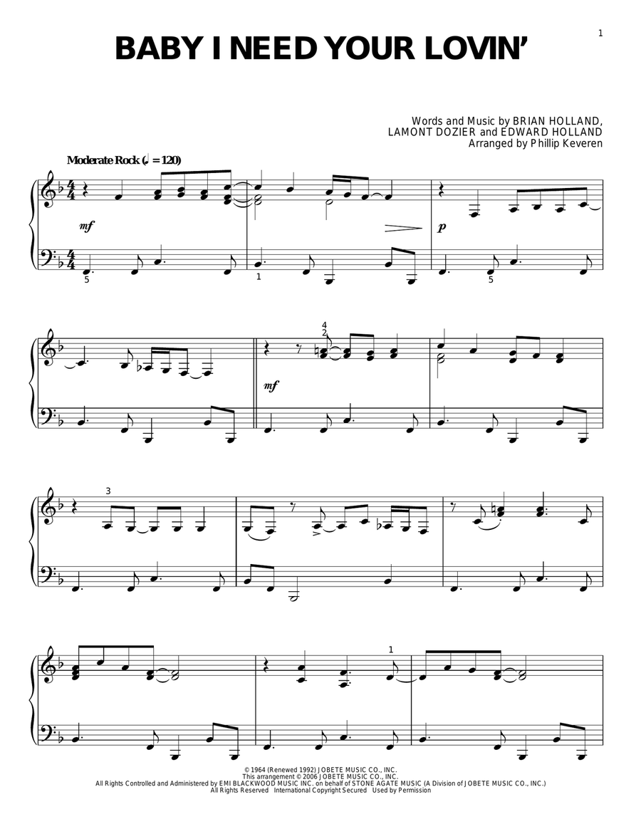 Baby I Need Your Lovin' (arr. Phillip Keveren) Piano Solo scores gallery preview page 1