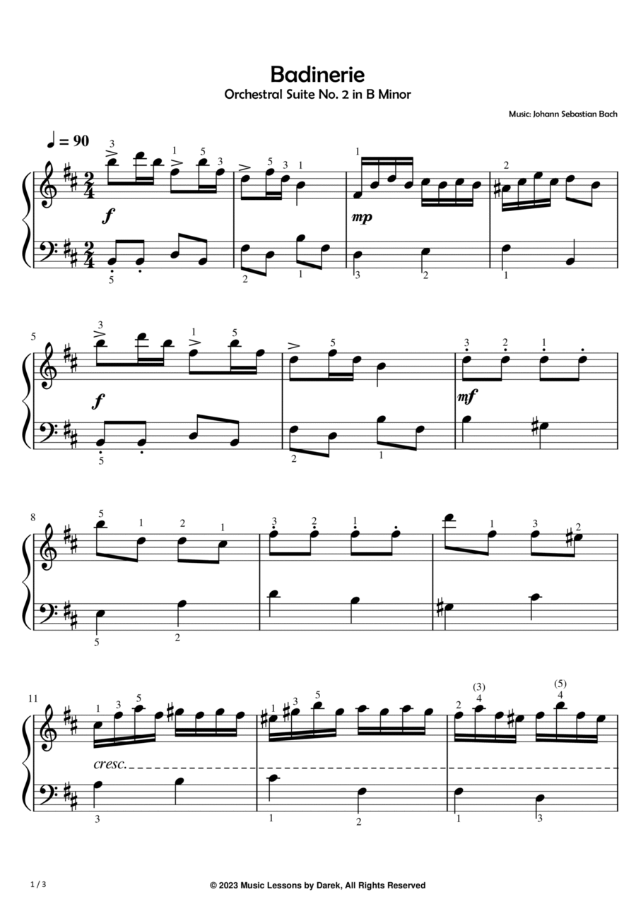 Badinerie (EASY PIANO) Orchestral Suite No. 2 in B Minor [Johann Sebastian Bach] Easy Piano scores gallery preview page 1