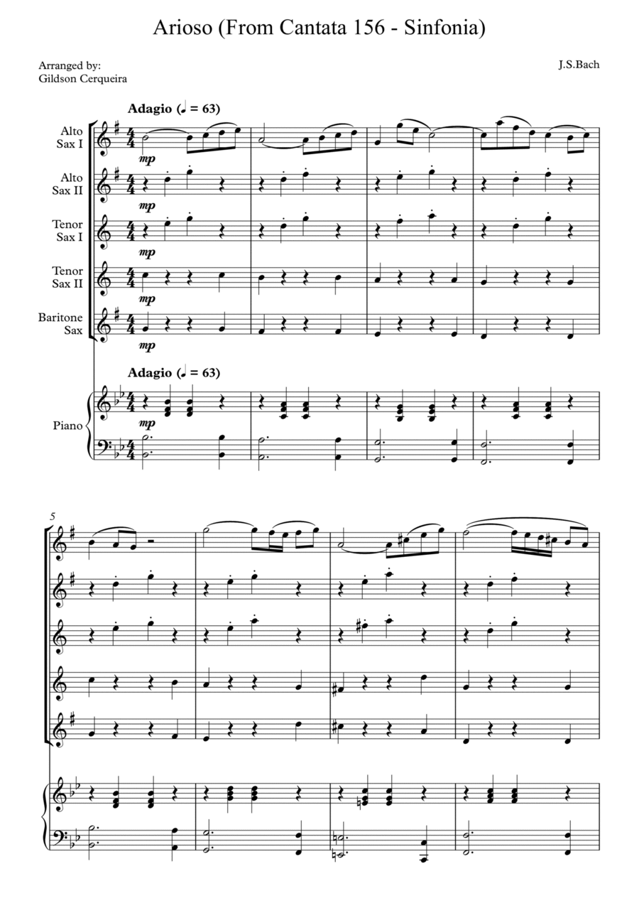 Arioso (From Cantata 156 - Sinfonia) Saxophone Quintet scores gallery preview page 1