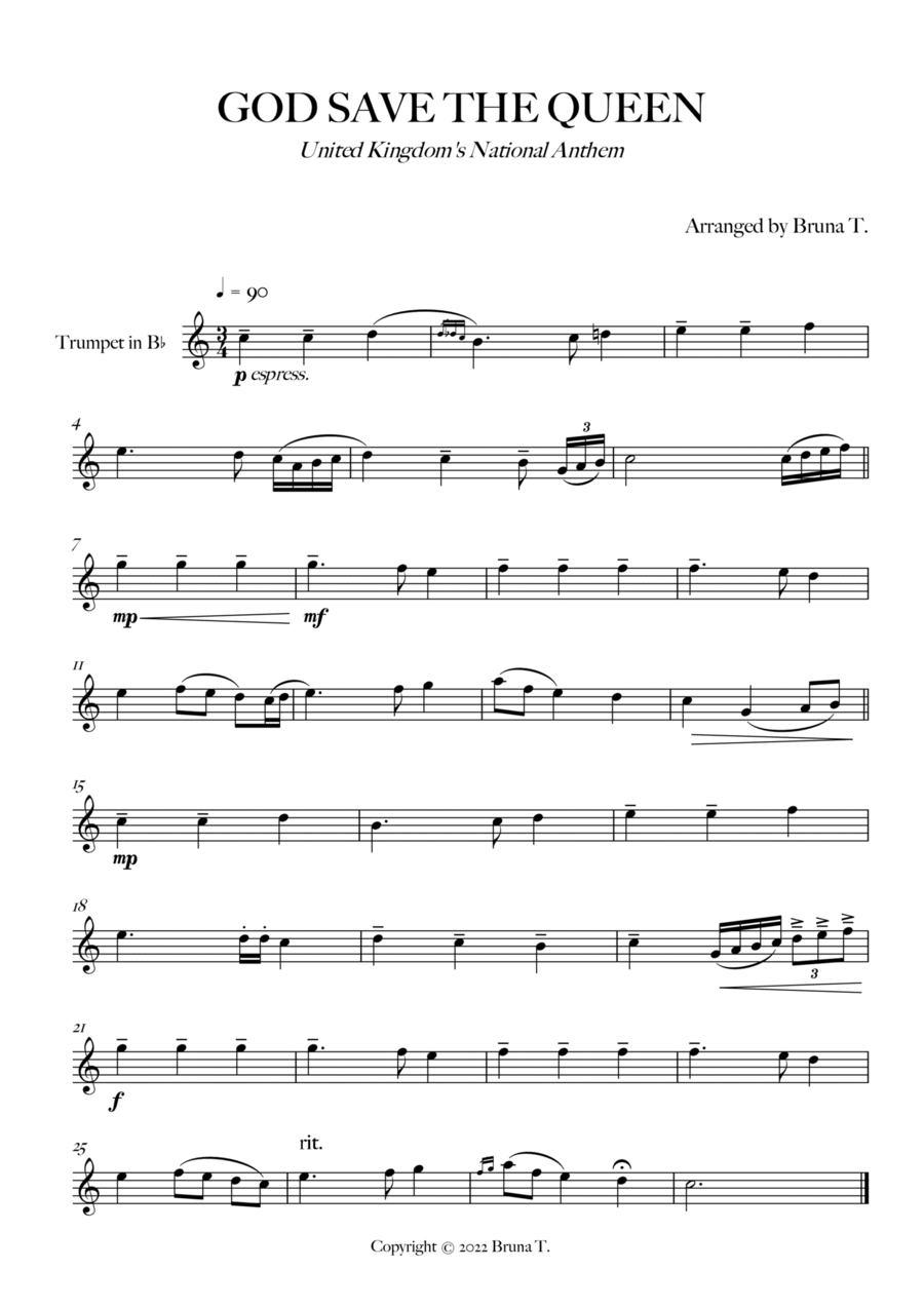 God Save The Queen (UK National Anthem) C Trumpet scores gallery preview page 1