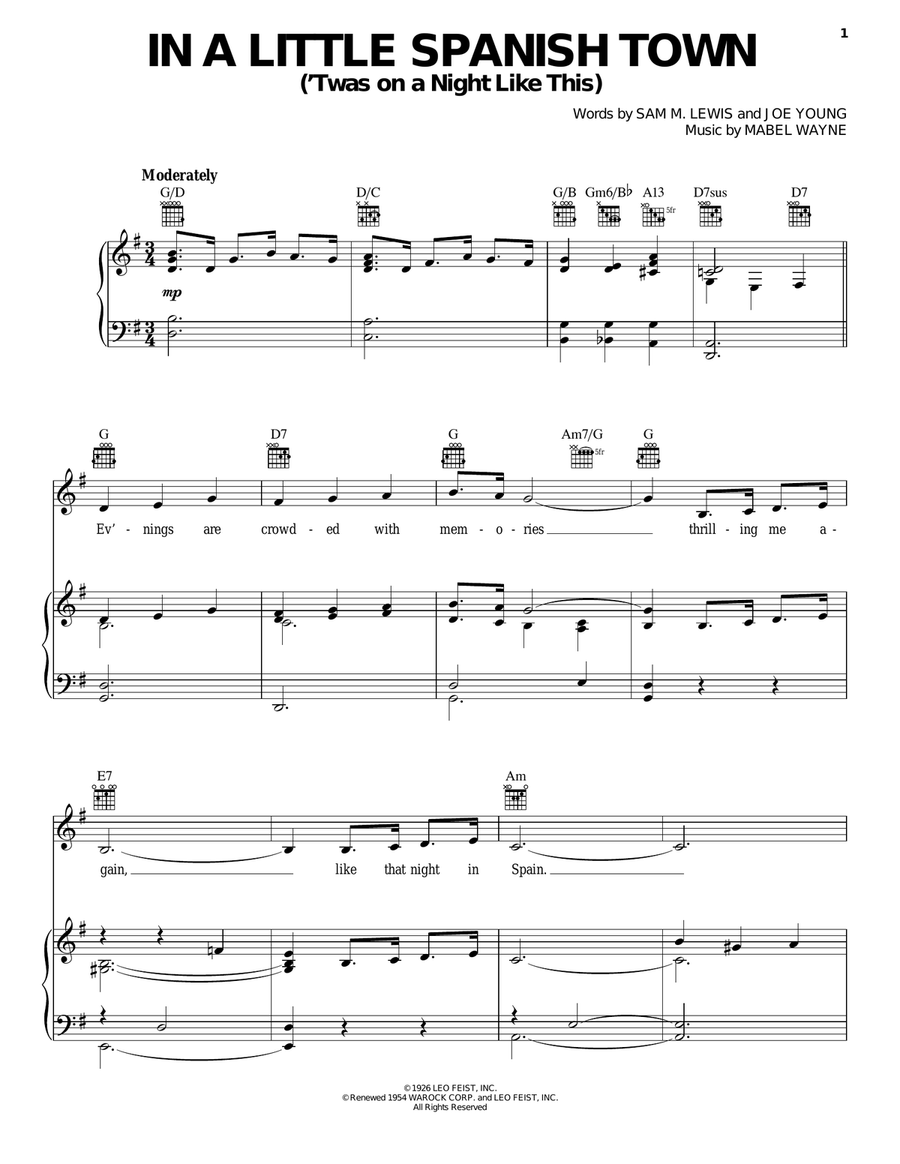 In A Little Spanish Town ('Twas On A Night Like This) Piano, Vocal, Guitar scores gallery preview page 1