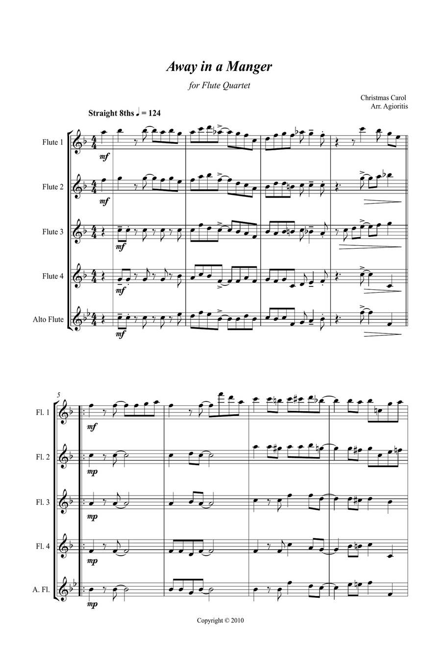 Jazz Carols Collection #4 Flute Quartet (Away in a Manger; O Little Town; Carol of the Drum) Flute Quartet scores gallery preview page 2