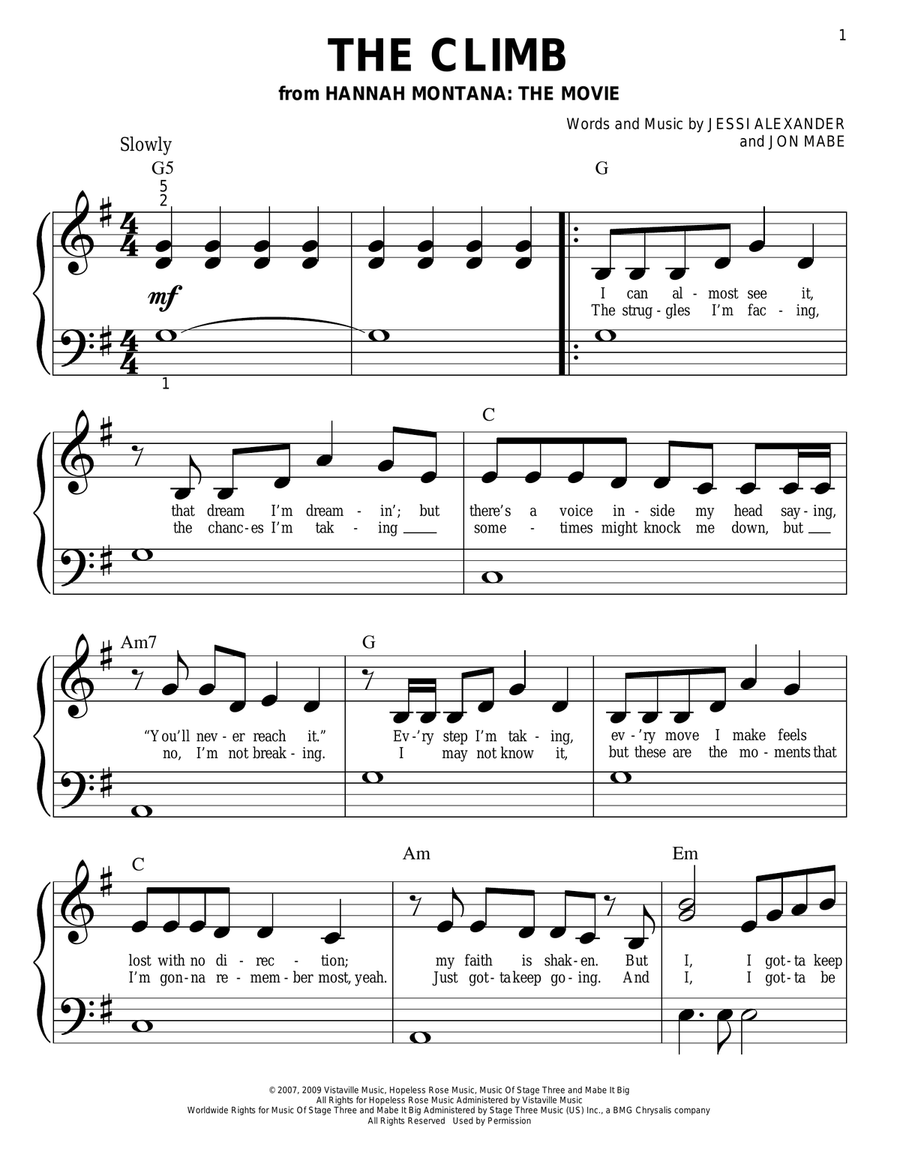 The Climb (from Hannah Montana: The Movie) Easy Piano scores gallery preview page 1