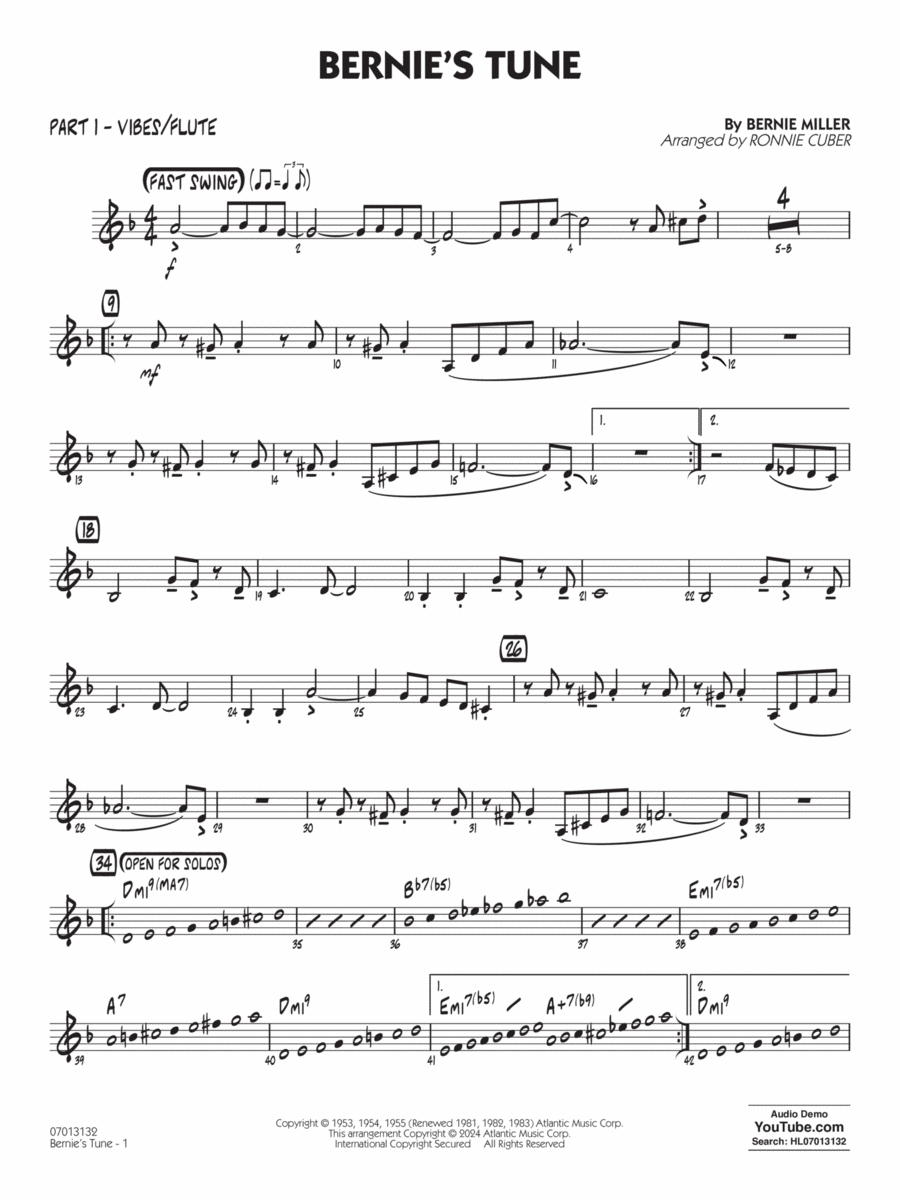 Bernie's Tune (arr. Ronnie Cuber) - Part 1 - Vibes/Flute Jazz Ensemble scores gallery preview page 1