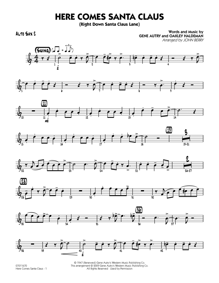 Here Comes Santa Claus (Right Down Santa Claus Lane) - Alto Sax 2 Alto Saxophone scores gallery preview page 1