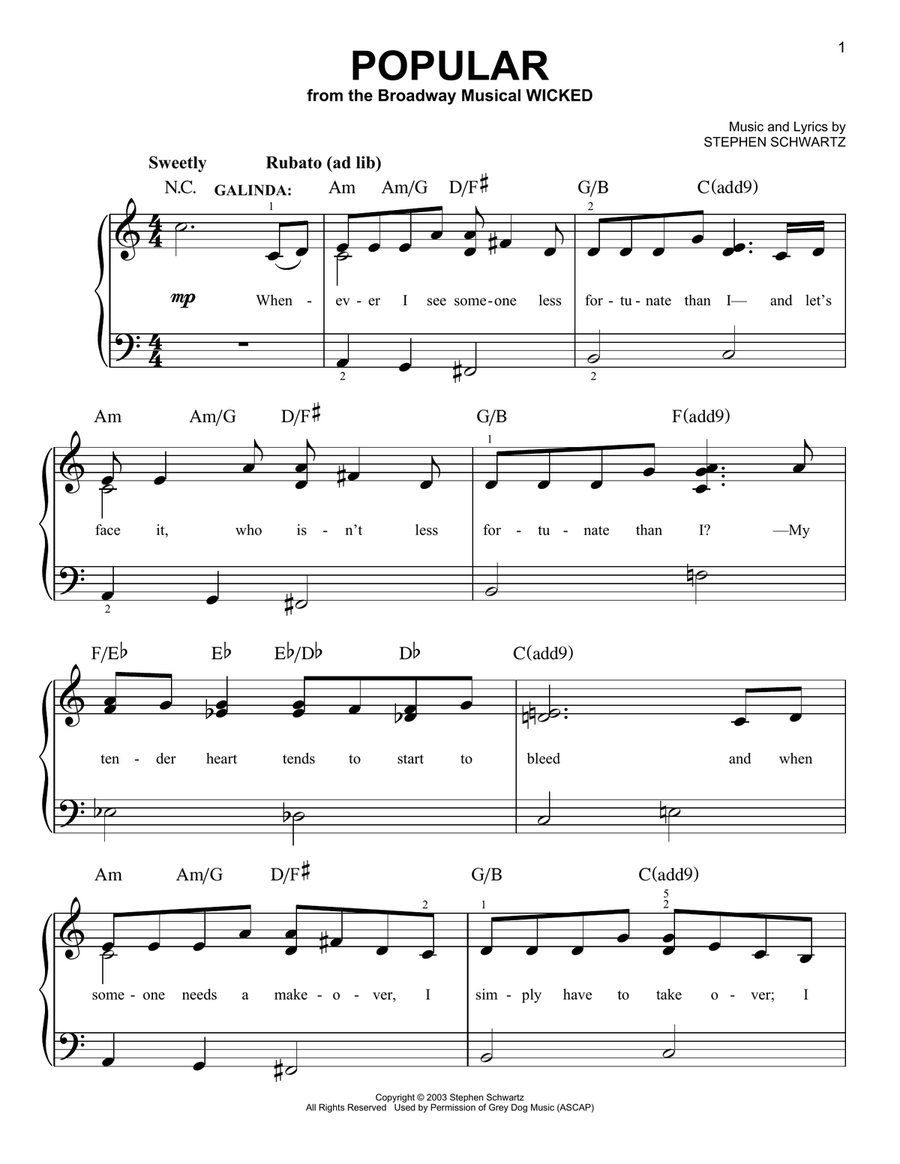 Popular (from Wicked) Easy Piano scores gallery preview page 1