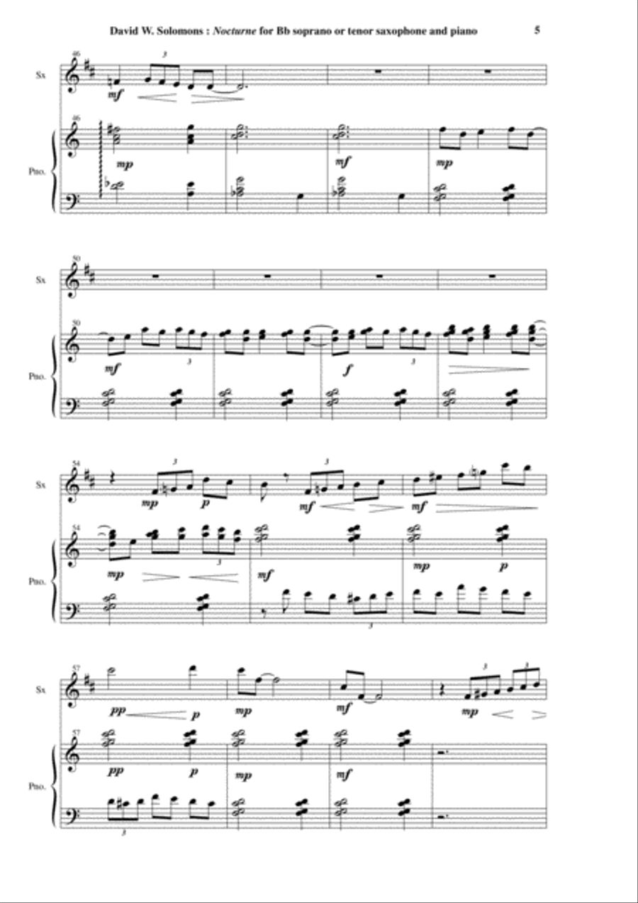 David Warin Solomons: Nocturne for Bb soprano or tenor saxophone and piano Woodwind Duet scores gallery preview page 5