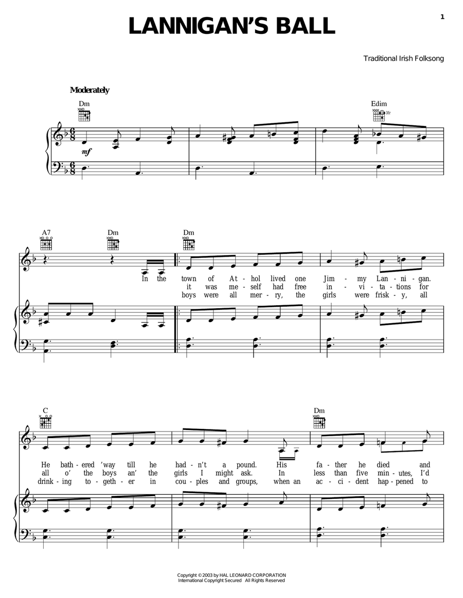 Lannigan's Ball Piano, Vocal, Guitar scores gallery preview page 1