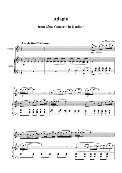 Marcello - ADAGIO from Oboe Concerto in D minor - Violin and Piano image number null