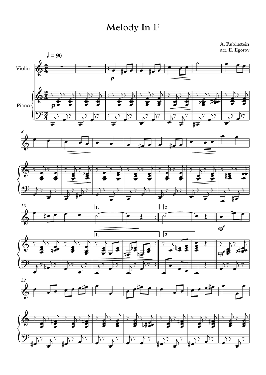 Melody In F, Anton Rubinstein, For Violin & Piano Violin Solo scores gallery preview page 1