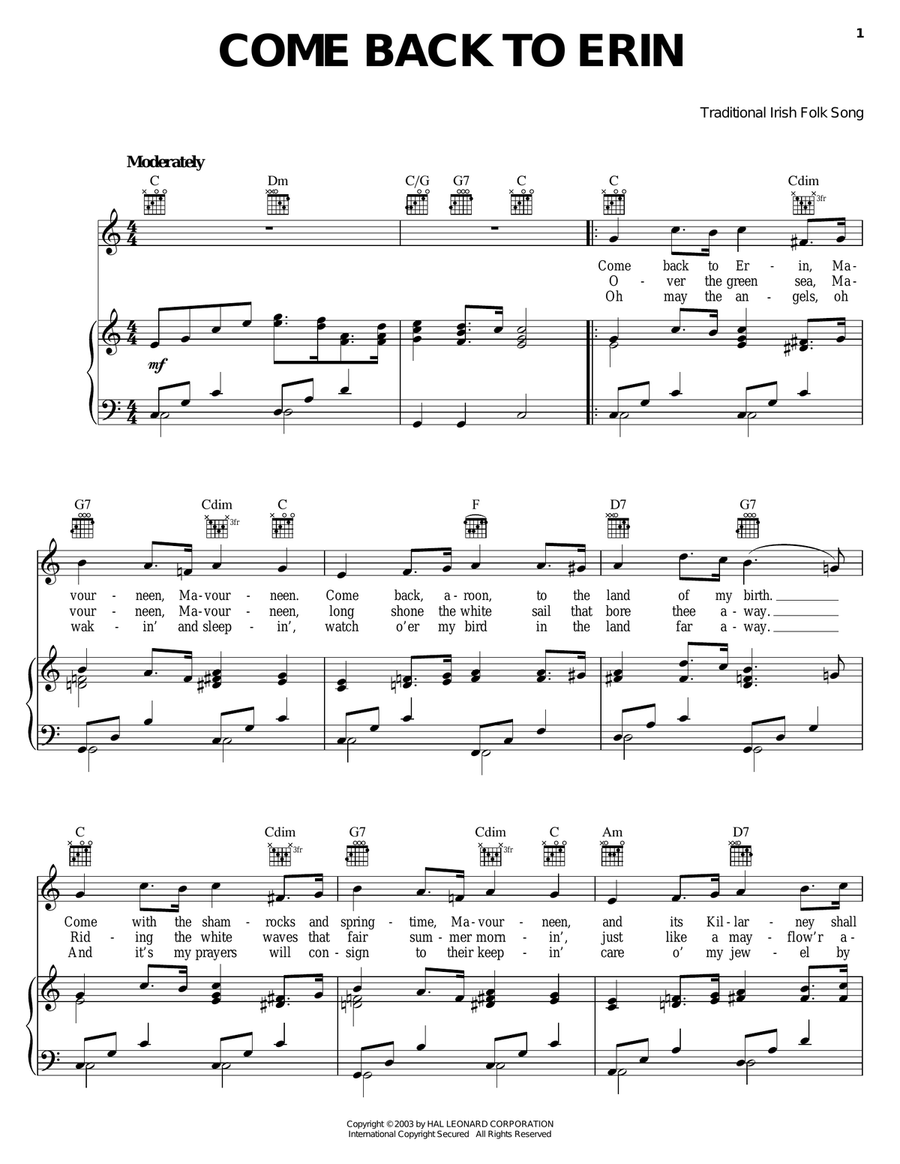 Come Back To Erin Piano, Vocal, Guitar scores gallery preview page 1