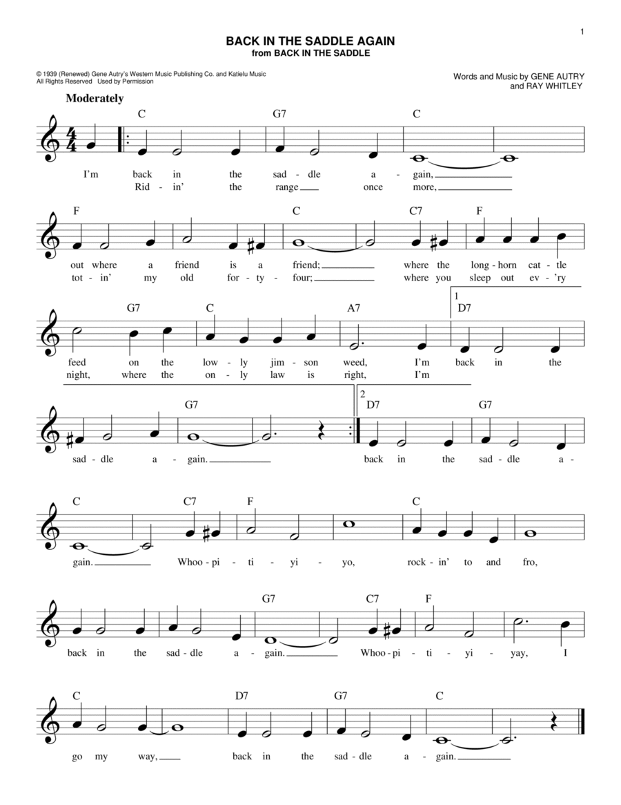 Back In The Saddle Again Piano scores gallery preview page 1