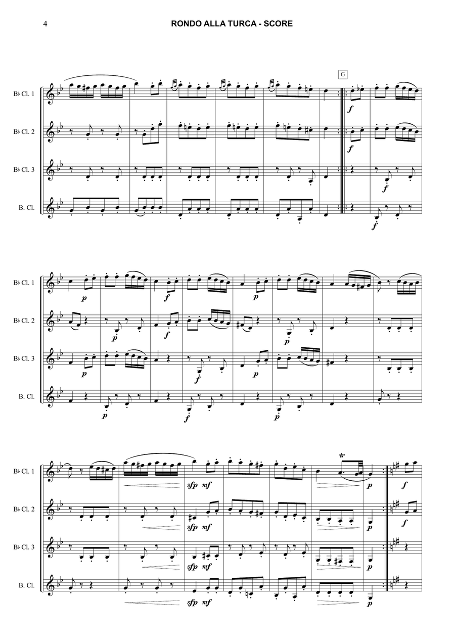 Rondo alla Turca Clarinet Quartet scores gallery preview page 4