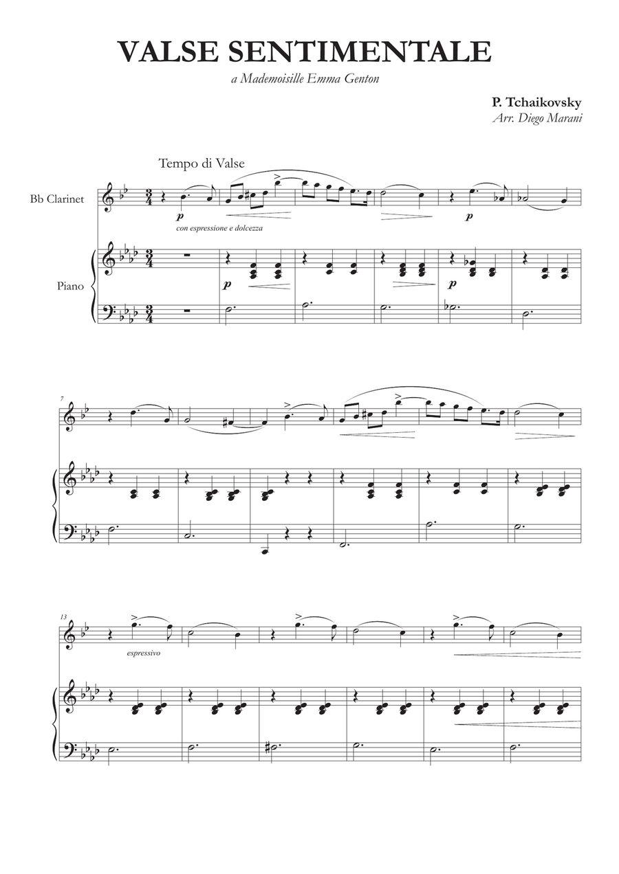 Valse Sentimentale for Clarinet and Piano Clarinet Solo scores gallery preview page 1