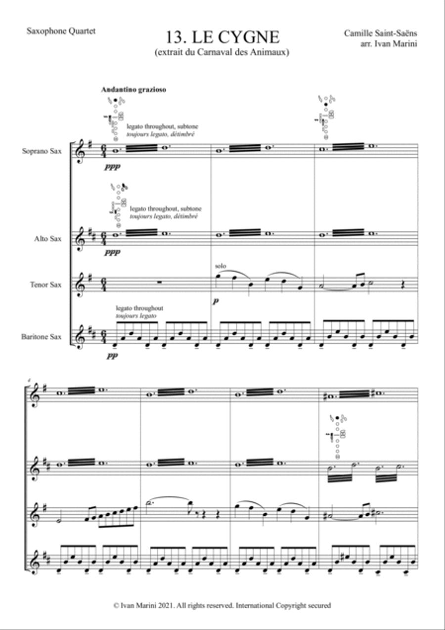 THE CARNIVAL OF THE ANIMALS for Saxophone Quartet - 13. Le Cygne (the Swan)