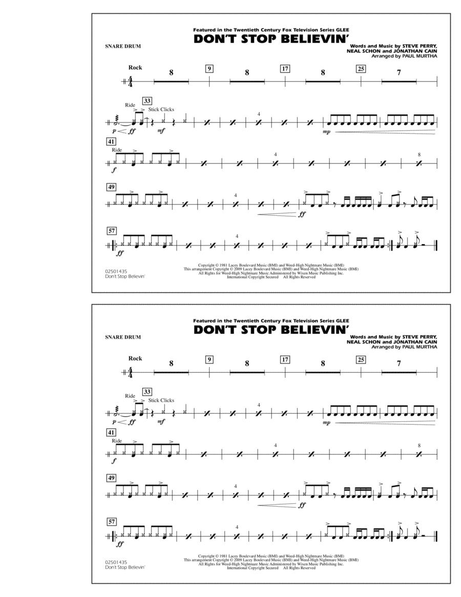 Don't Stop Believin' - Snare Drum Marching Band scores gallery preview page 1