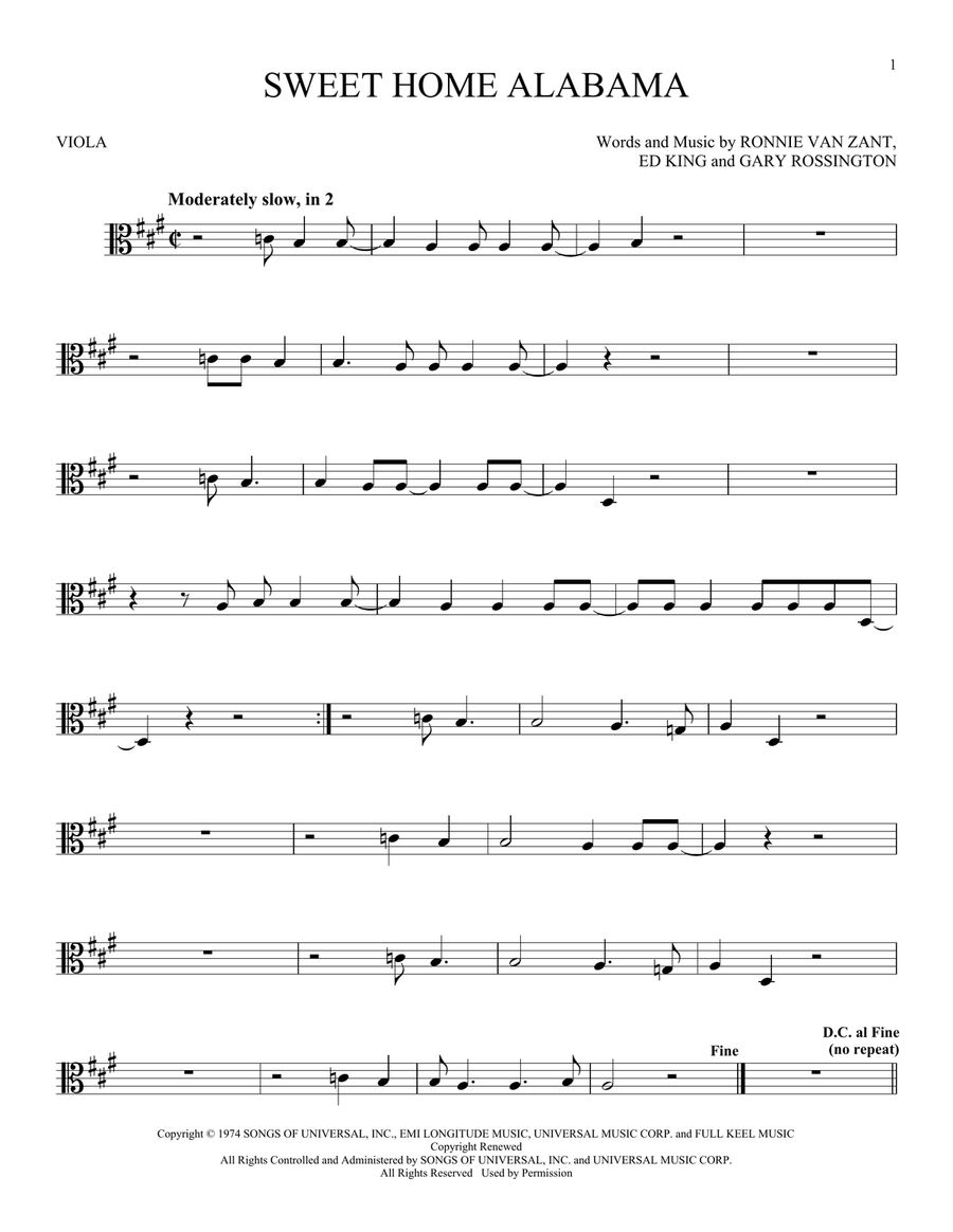 Sweet Home Alabama Viola Solo scores gallery preview page 1