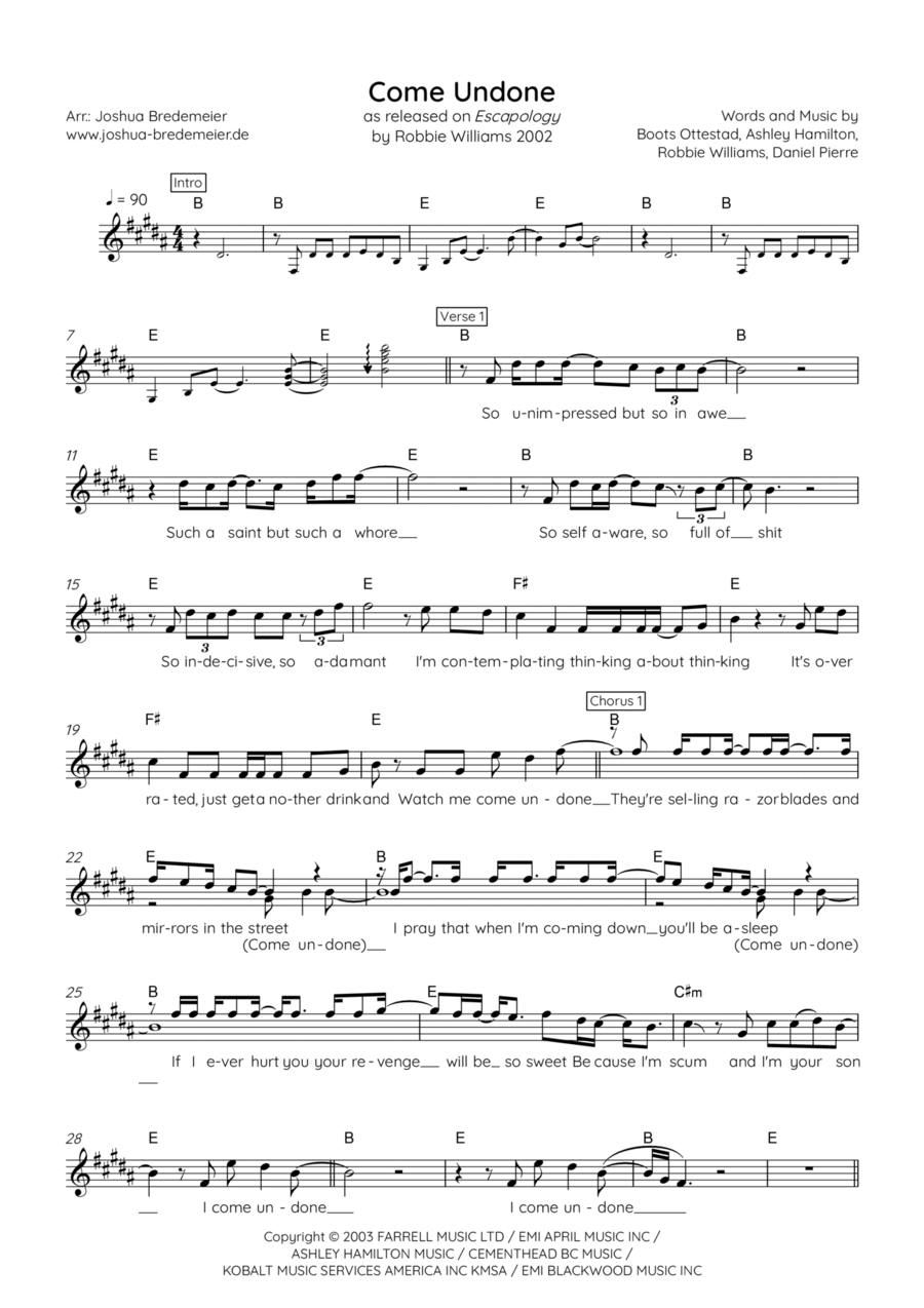 Come Undone Come Undone Piano scores gallery preview page 1