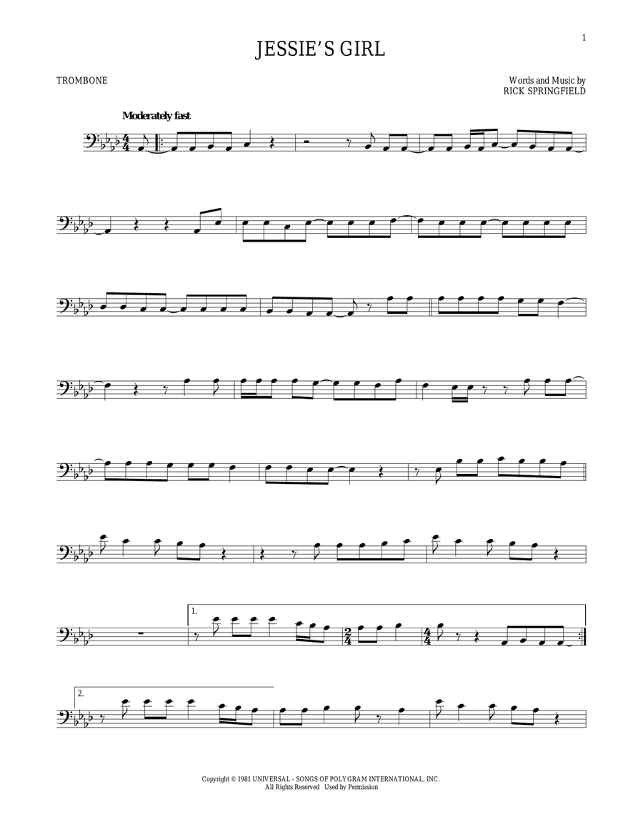 Jessie's Girl Trombone Solo scores gallery preview page 1