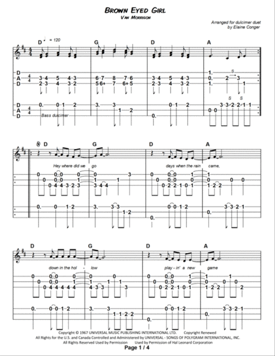 Brown Eyed Girl Dulcimer scores gallery preview page 2