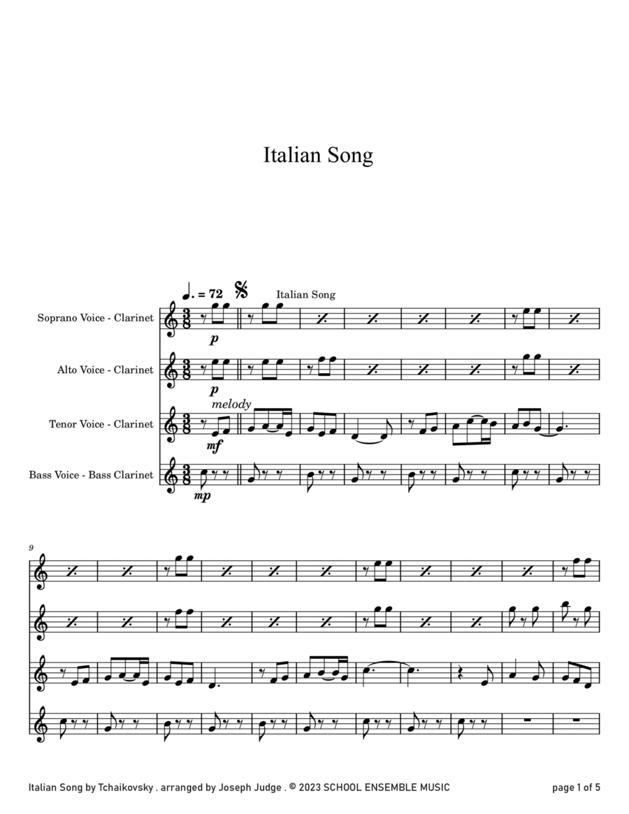 Italian Song by Tchaikovsky for Clarinet Quartet in Schools Clarinet Quartet scores gallery preview page 1