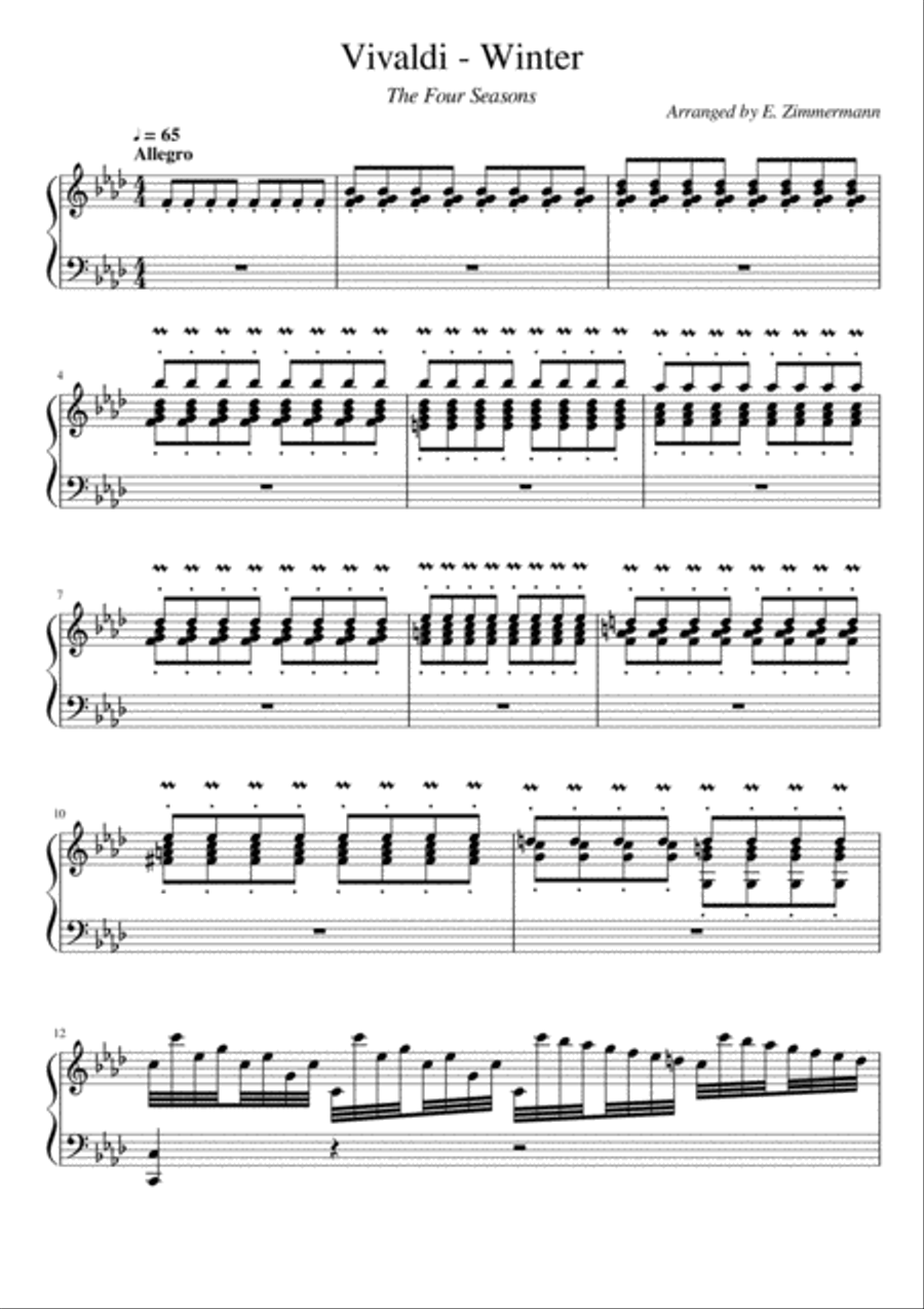 Winter Vivaldi From The Four Seasons Piano Solo by Antonio