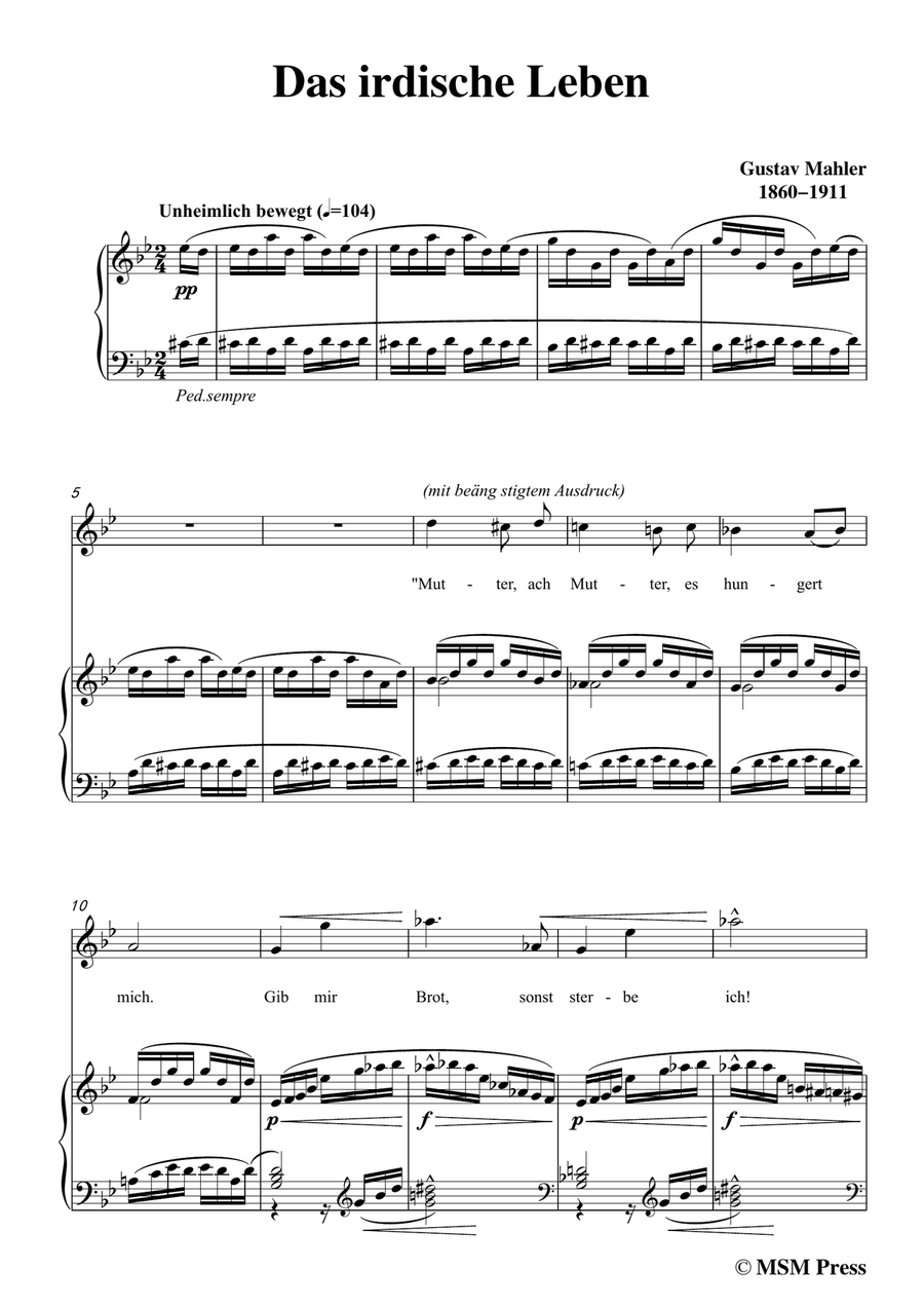 Mahler-Das irdische Leben in B flat Major,for Voice and Piano Piano, Vocal scores gallery preview page 3