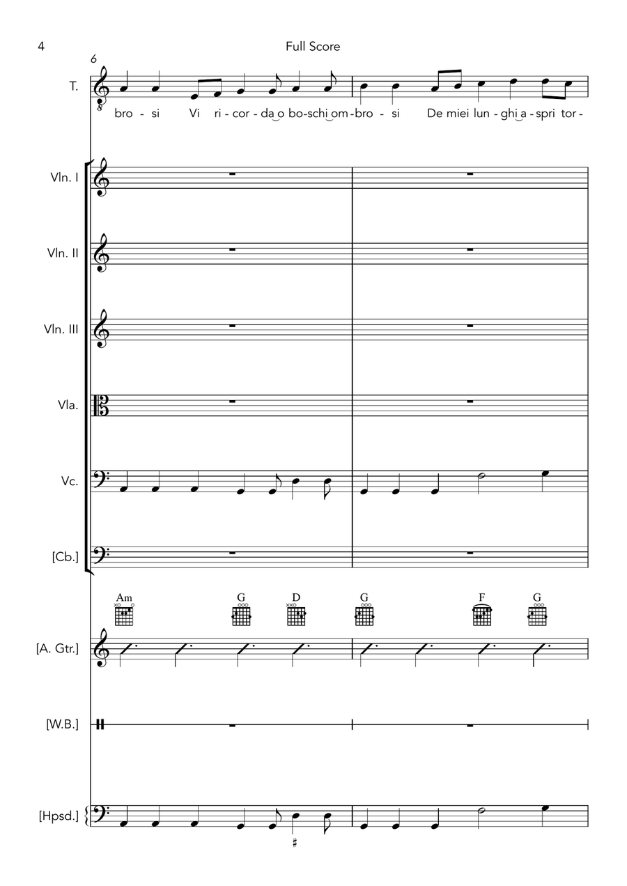 Vi ricorda o boschi ombrosi (score and parts for tenor and strings, with editorial guitar, harpsicho String Orchestra scores gallery preview page 4