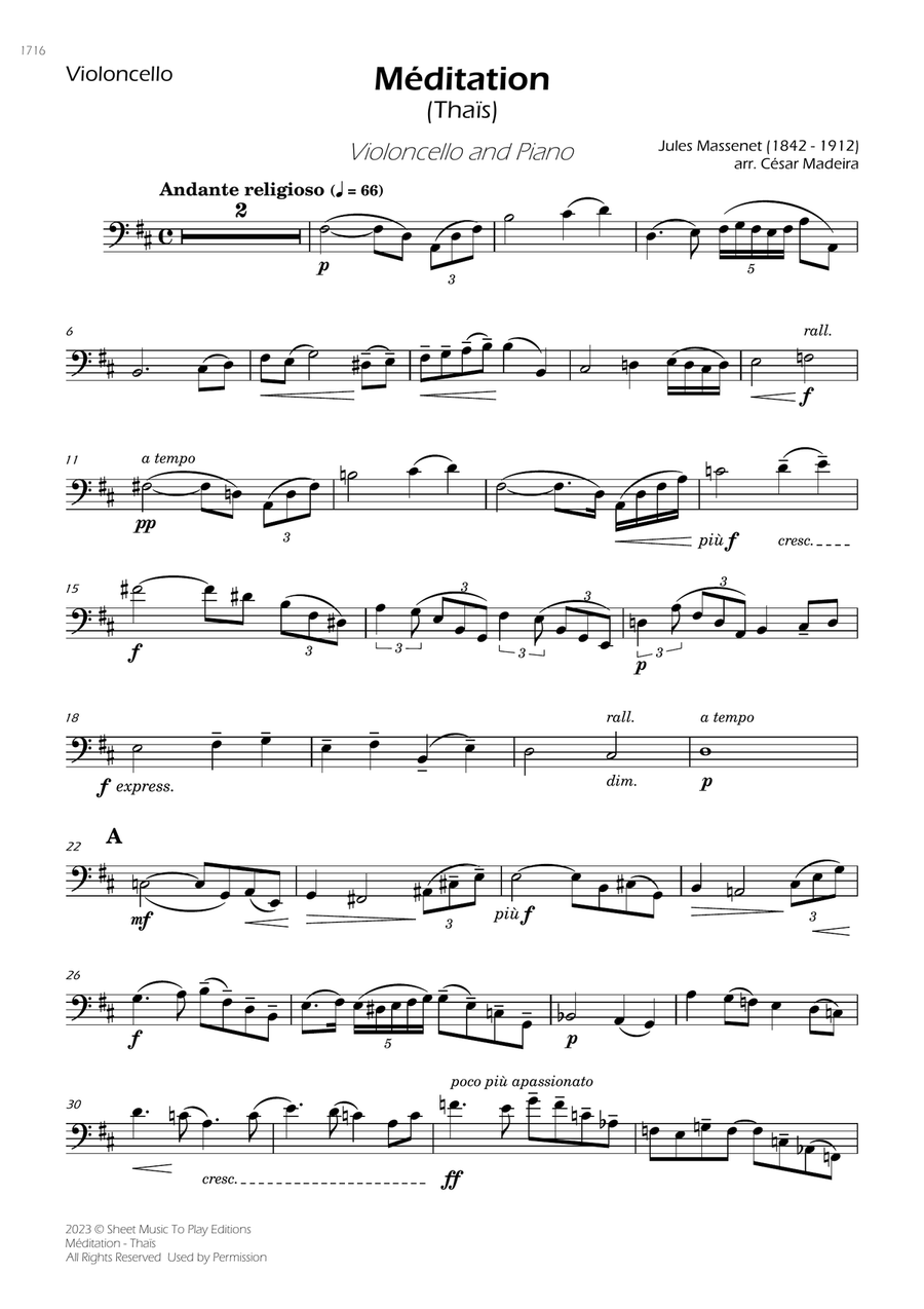 Meditation from Thais - Cello and Piano (Individual Parts)