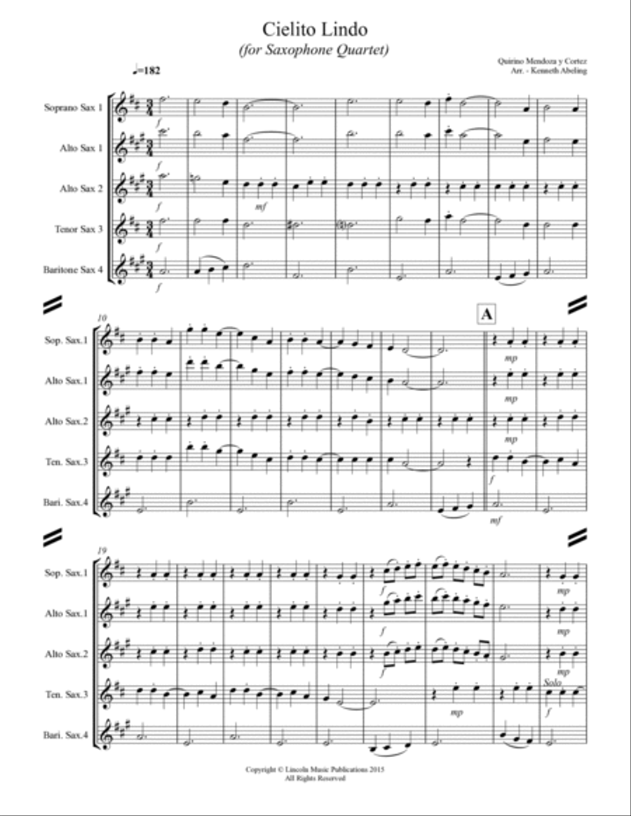 Cielito lindo (for Saxophone Quartet SATB or AATB) Saxophone Quartet scores gallery preview page 2