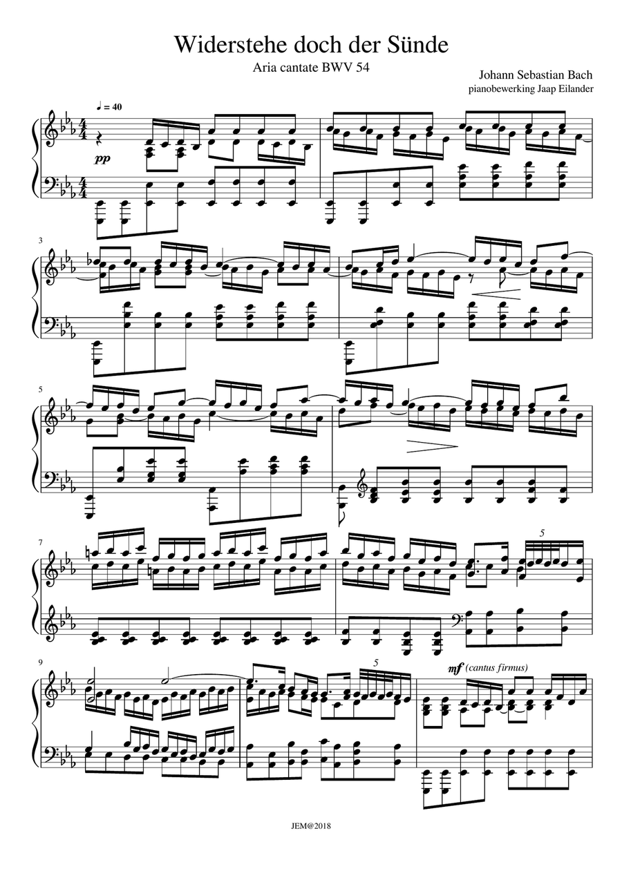 J.S. Bach, Aria 'Widerstehe doch der Sünde, BWV 54, arrangment / transcription for piano by Jaap Ei Piano Solo scores gallery preview page 1