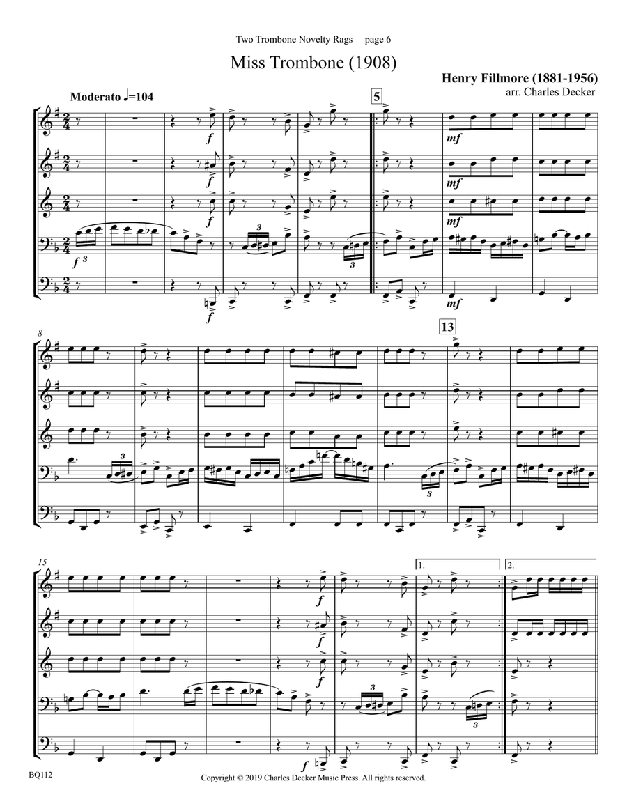 Lassus and Miss Trombone Novelty Rags for Brass Quintet Brass Quintet scores gallery preview page 4