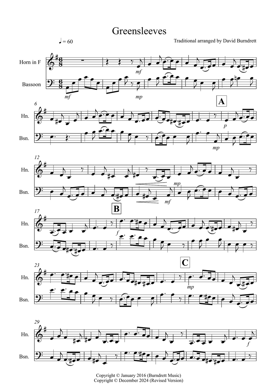 Greensleeves for Horn and Bassoon Duet Woodwind Duet scores gallery preview page 1