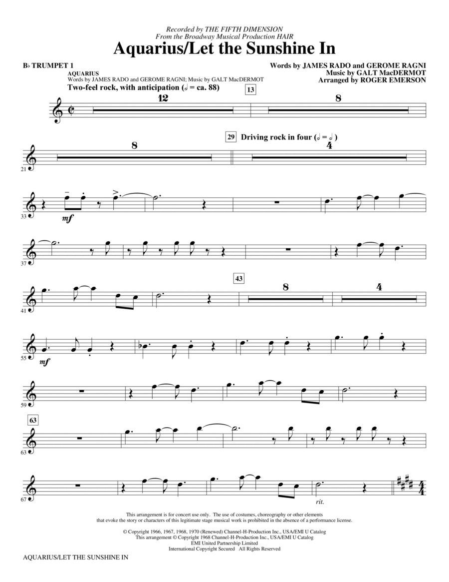 Aquarius / Let the Sunshine In (from the musical Hair) (arr. Roger Emerson) - Bb Trumpet 1 Choir scores gallery preview page 1