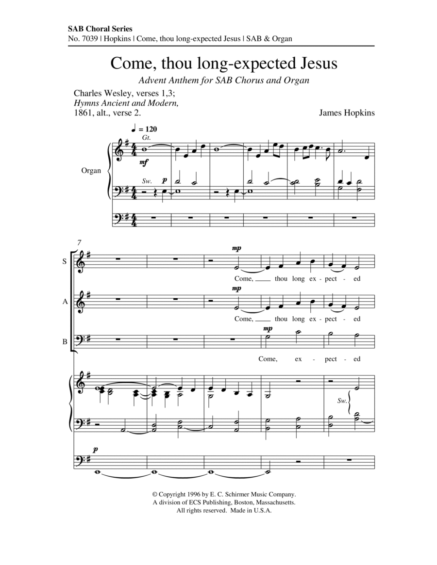 Come, thou long-expected Jesus 3-Part scores gallery preview page 1