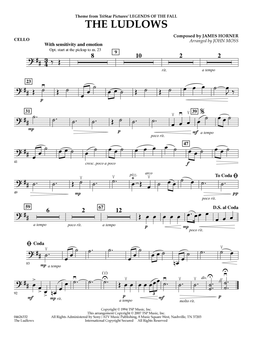 The Ludlows (Theme from Legends of the Fall) - Cello Part scores gallery preview page 1