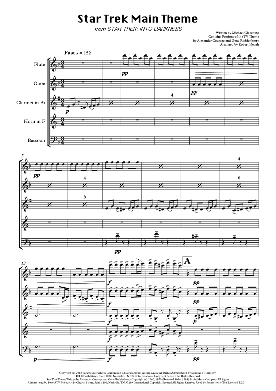 Star Trek Main Theme from STAR TREK INTO DARKNESS Woodwind Quintet scores gallery preview page 1