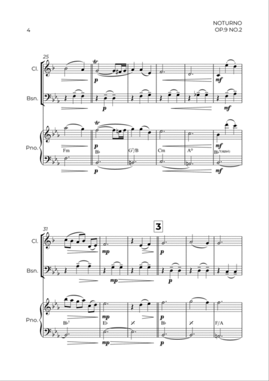 NOTURNO OP.9 NO.2 - CHOPIN - WIND PIANO TRIO (CLARINET, BASSOON & PIANO) Bassoon scores gallery preview page 4