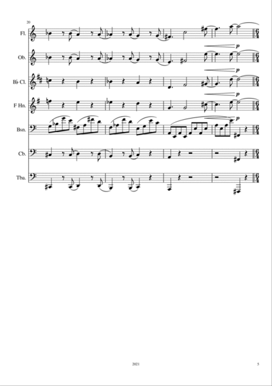 Brahms Intermezzo Opus 76 No. 7, arranged for ensemble Woodwind Quintet scores gallery preview page 6