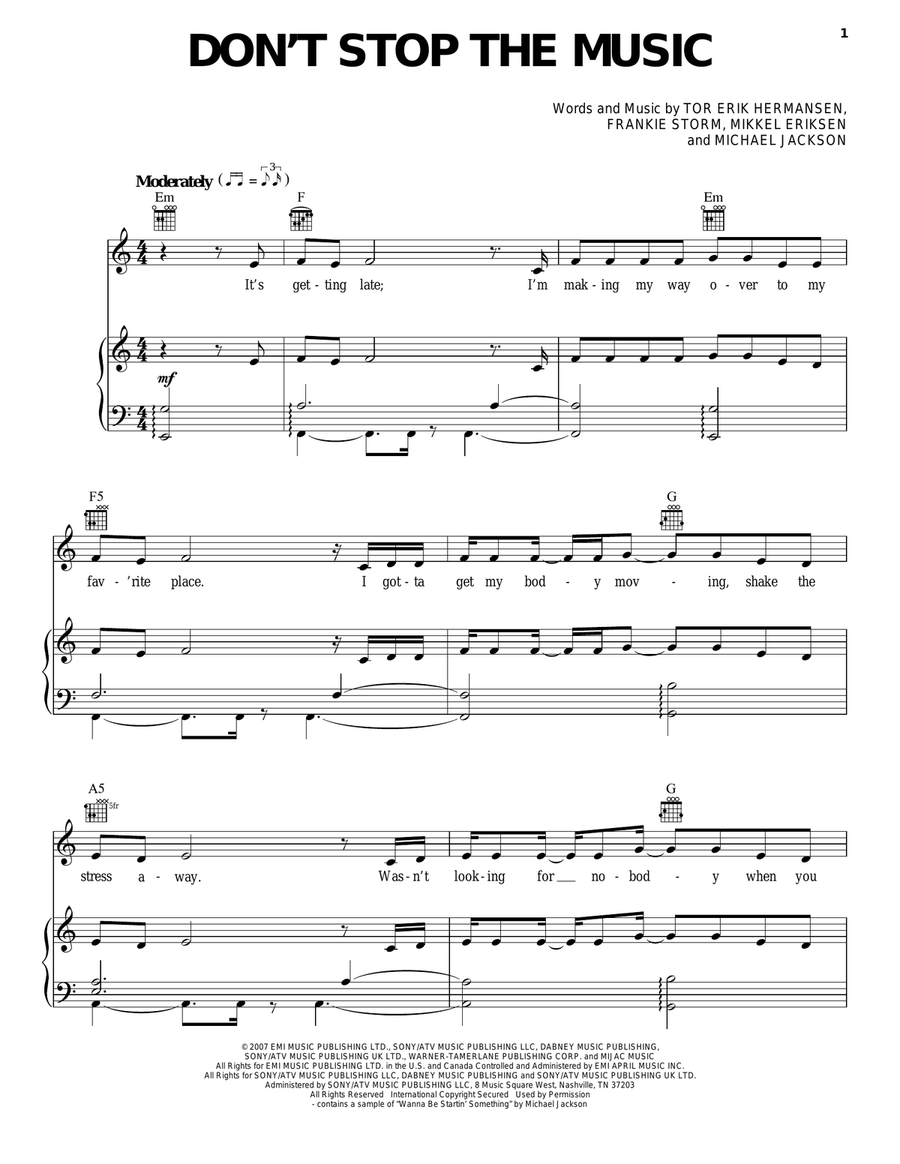 Don't Stop The Music Piano, Vocal, Guitar scores gallery preview page 1
