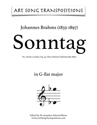 Book cover for BRAHMS: Sonntag, Op. 47 no. 3 (transposed to G-flat major)