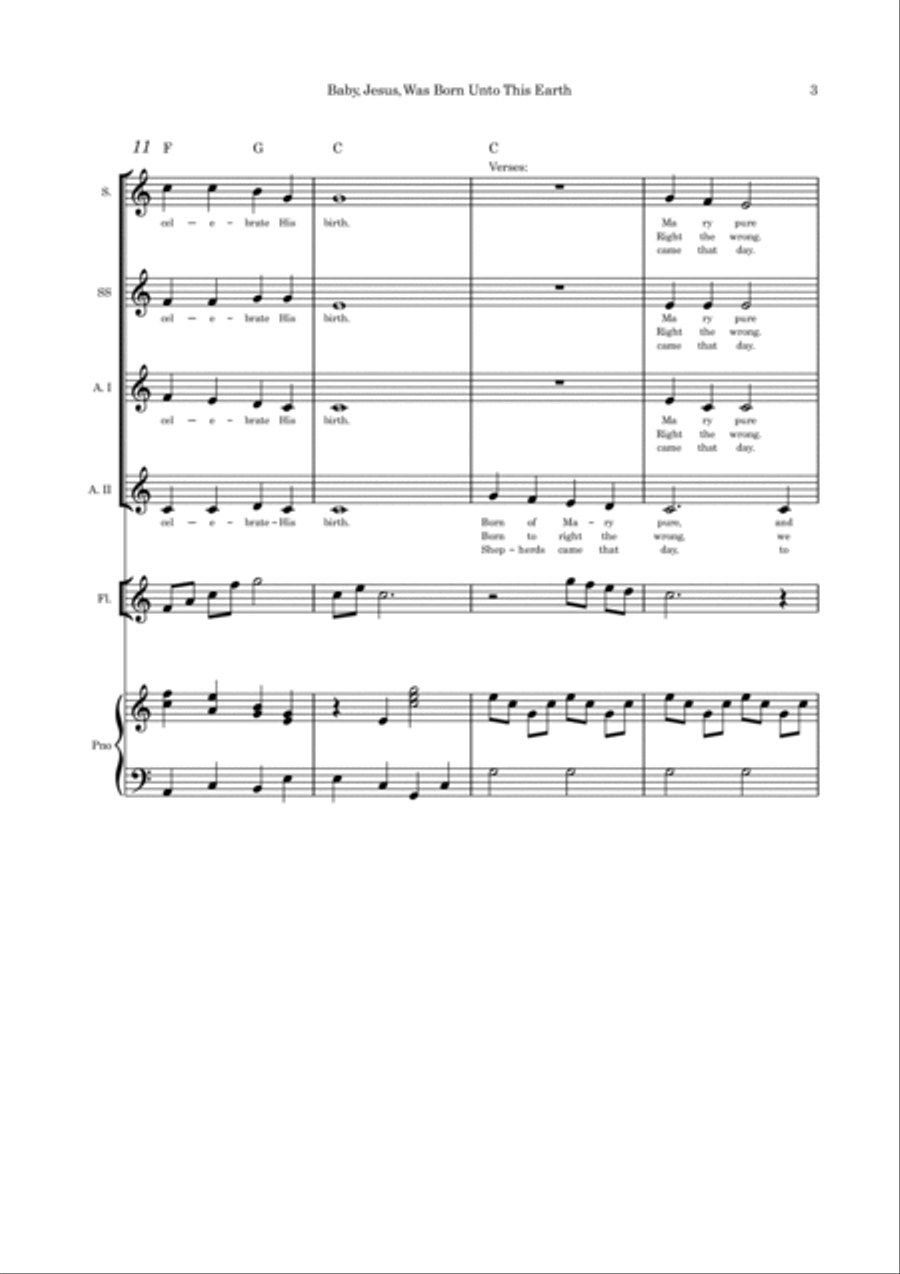Baby Jesus Was Born Unto This Earth SSAA flute or cello or violin and piano SSAA scores gallery preview page 3