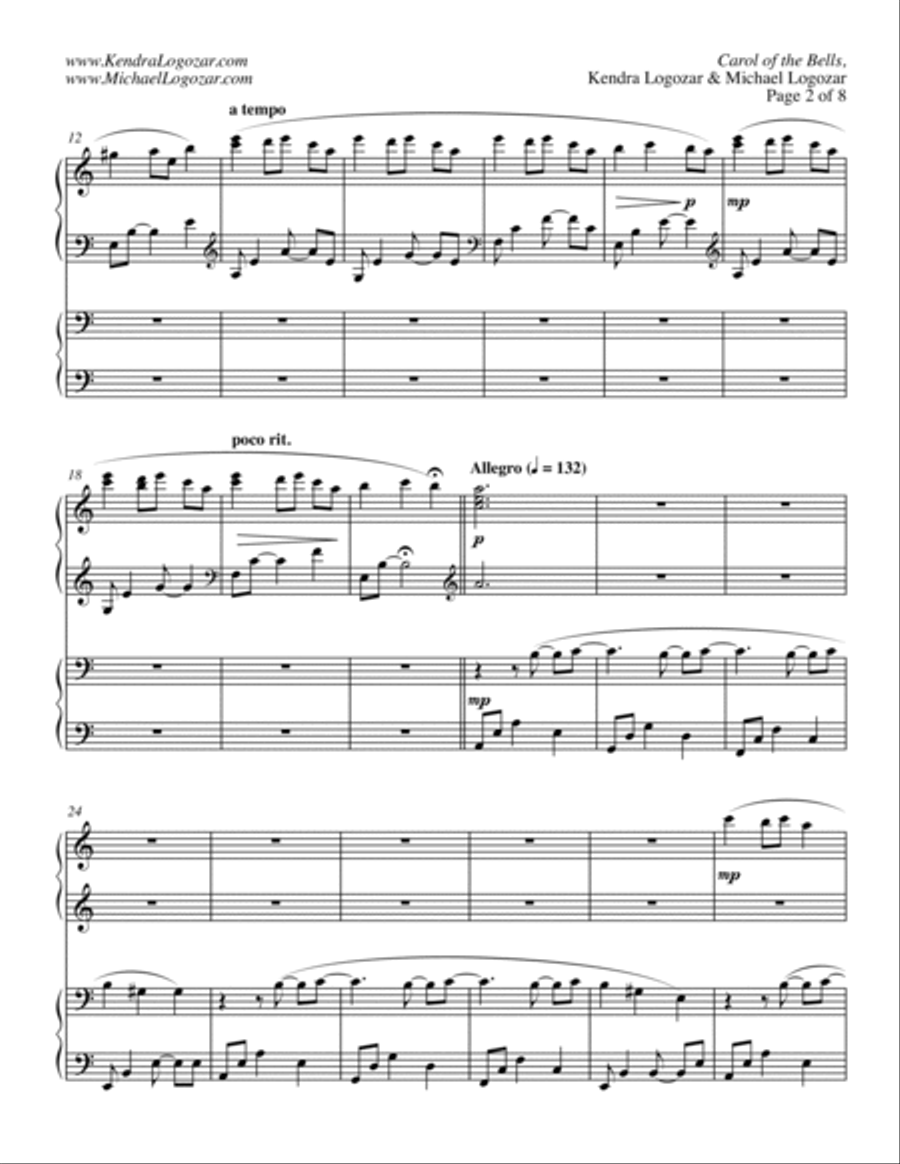 Carol of the Bells - Duet (Christmas/Holiday Arrangment) 1 Piano, 4-Hands scores gallery preview page 2