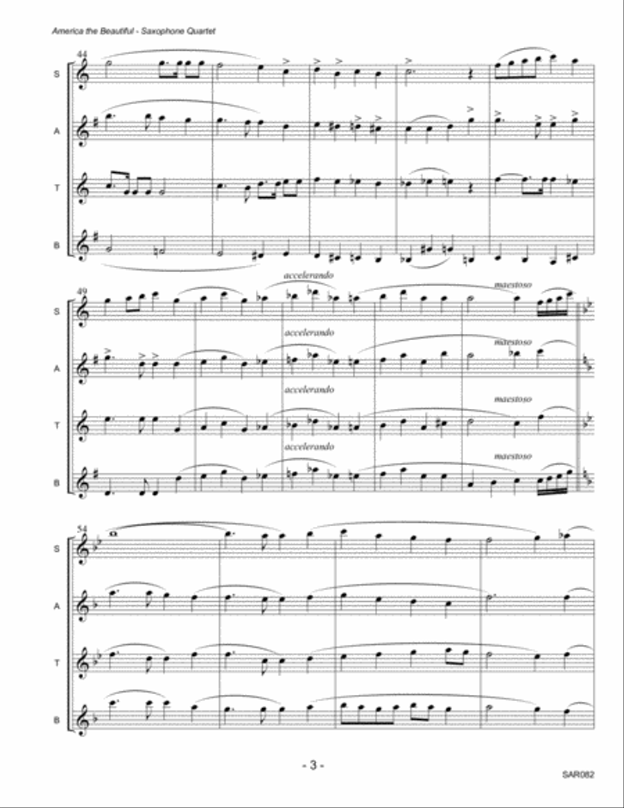 AMERICA THE BEAUTIFUL arranged for SAXOPHONE QUARTET (SATB or AATB) Saxophone Quartet scores gallery preview page 3